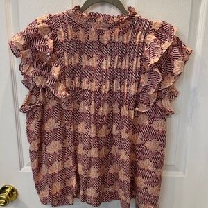Oliphant Burgundy and Peach Floral Ruffle Blouse XL